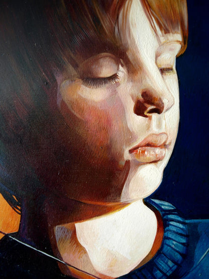 Close-up oil painting of child’s face by Dream Catcher Konsta G. Amelinn