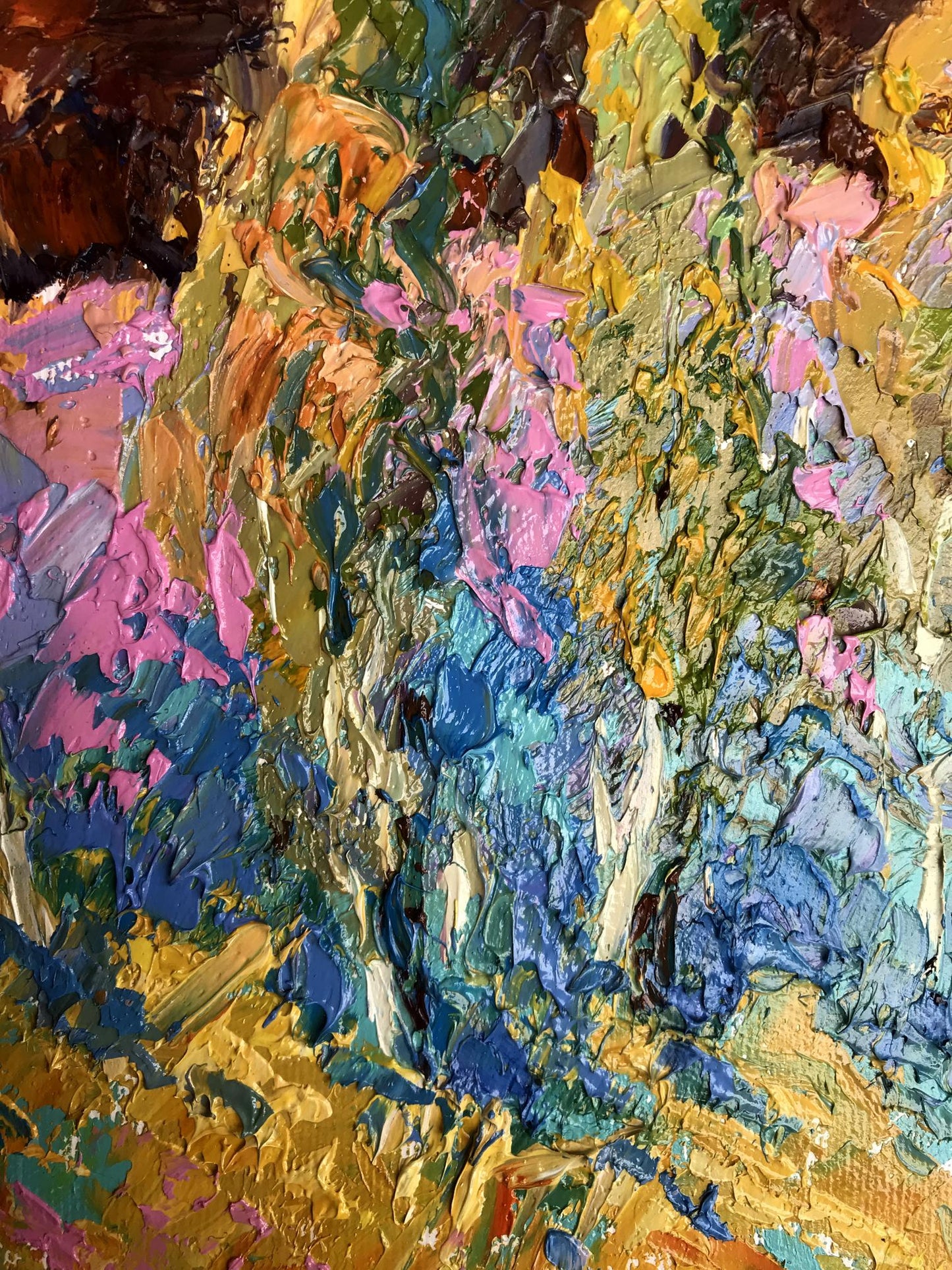 Oil painting Near young poplars by Oleksiy Ivanyuk with vibrant pink blue strokes