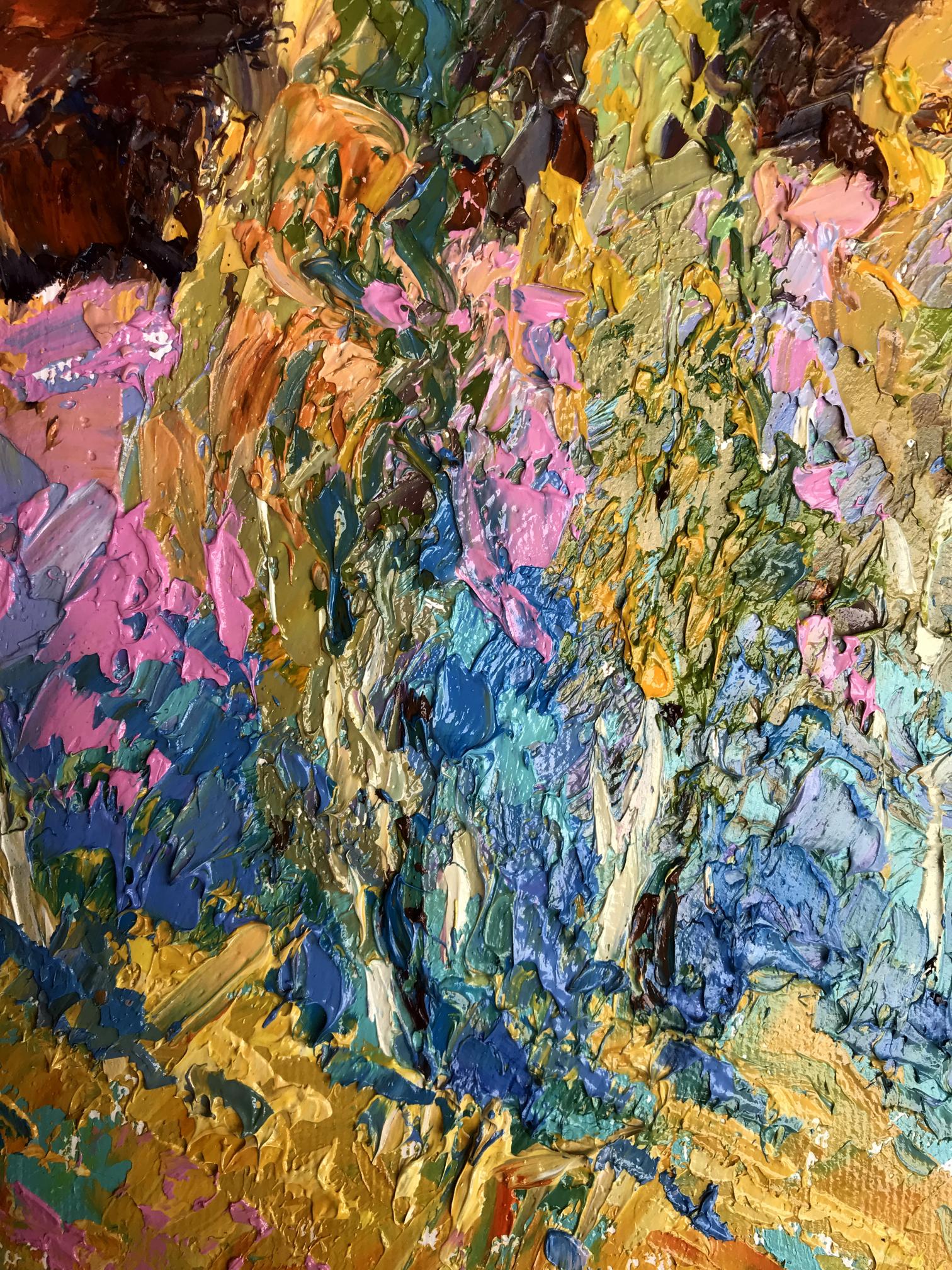 Oil painting Near young poplars by Oleksiy Ivanyuk with vibrant pink blue strokes