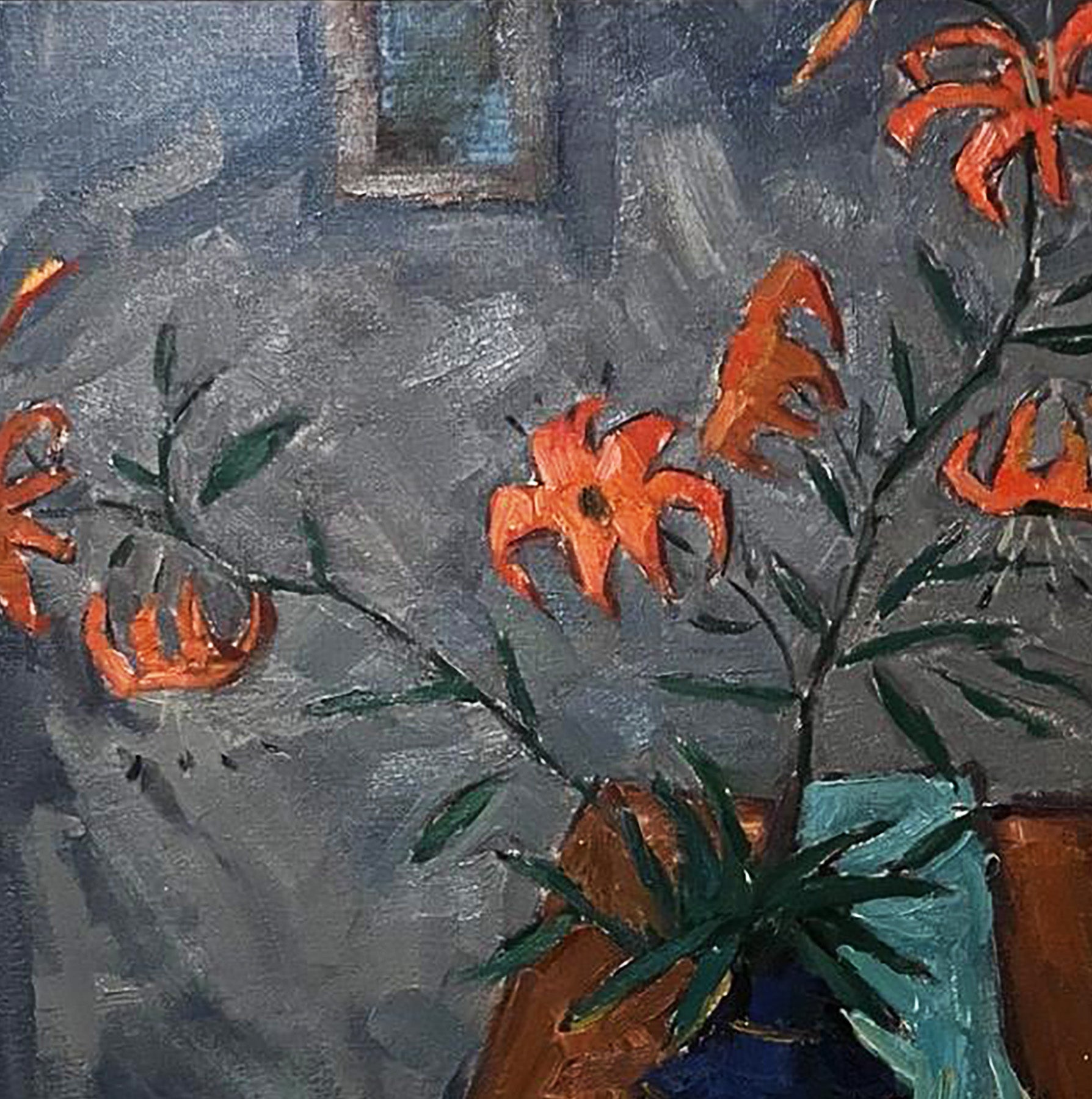 Vibrant orange lilies oil painting by Oleksandr Andreev, impressionist style