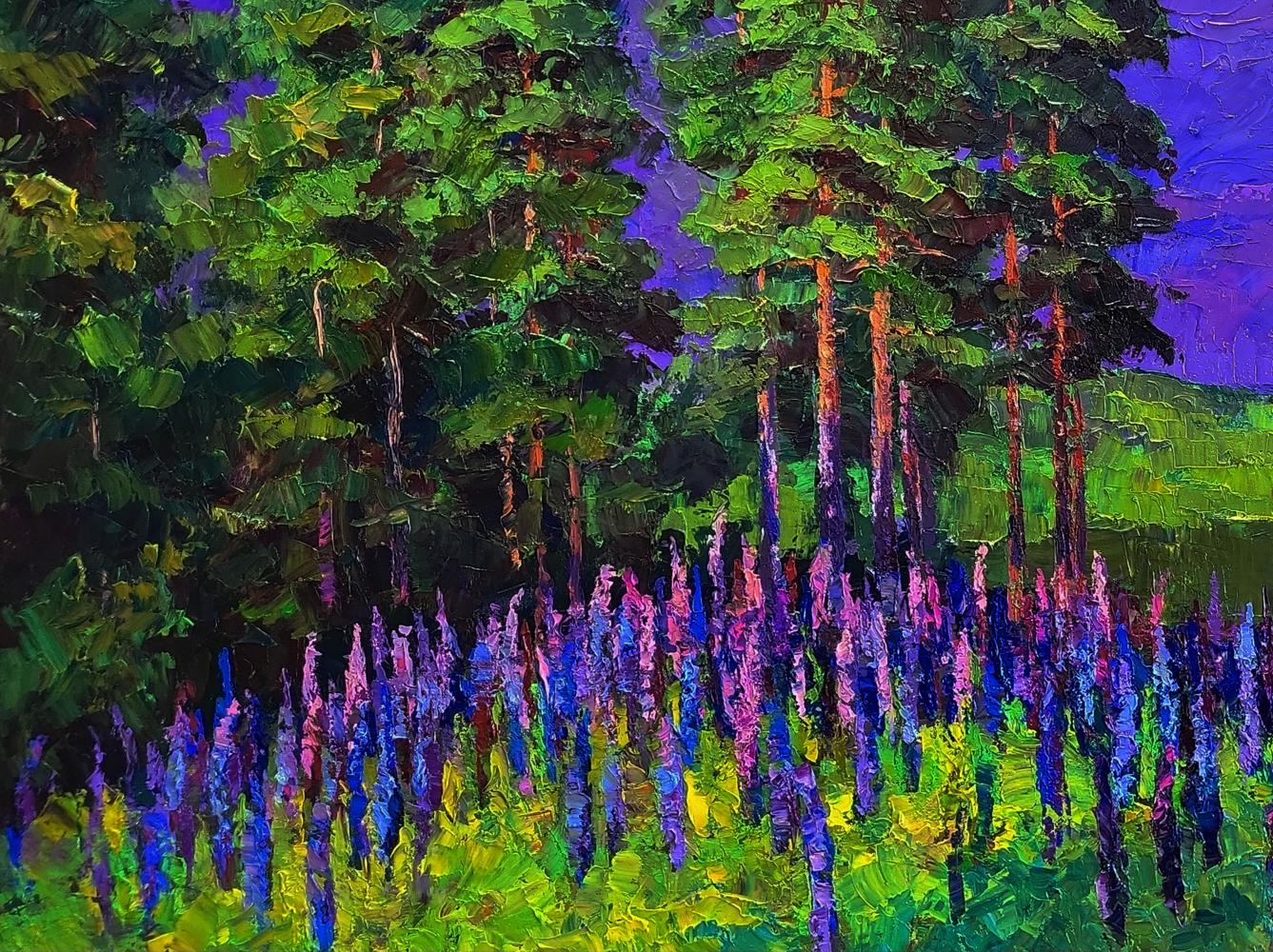 Vibrant impressionist oil painting by Boris Serdyuk: flowers near forest