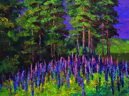 Vibrant impressionist oil painting by Boris Serdyuk: flowers near forest