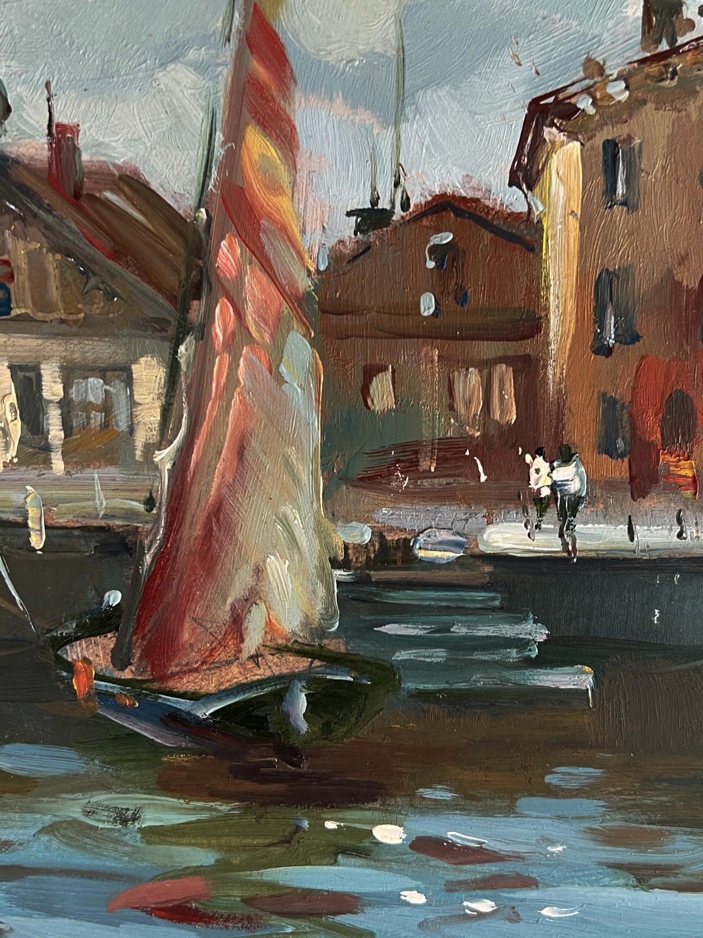 Oil painting of vibrant red orange sailboat by Yuriy Suprunchuk Venice streets
