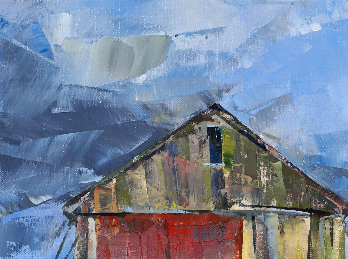 Oil painting Seasonal Wind by Volodymyr Gluhomanyuk: weathered barn with red door