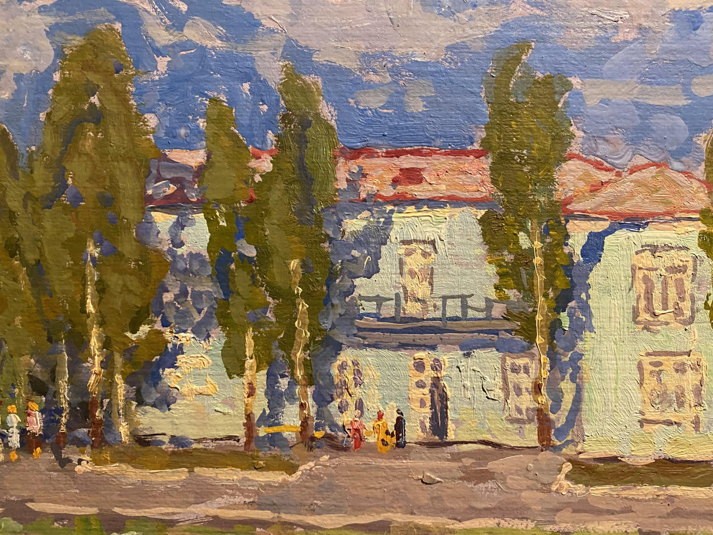 Textured impressionist oil painting by Grigoriy Ruban of light blue building