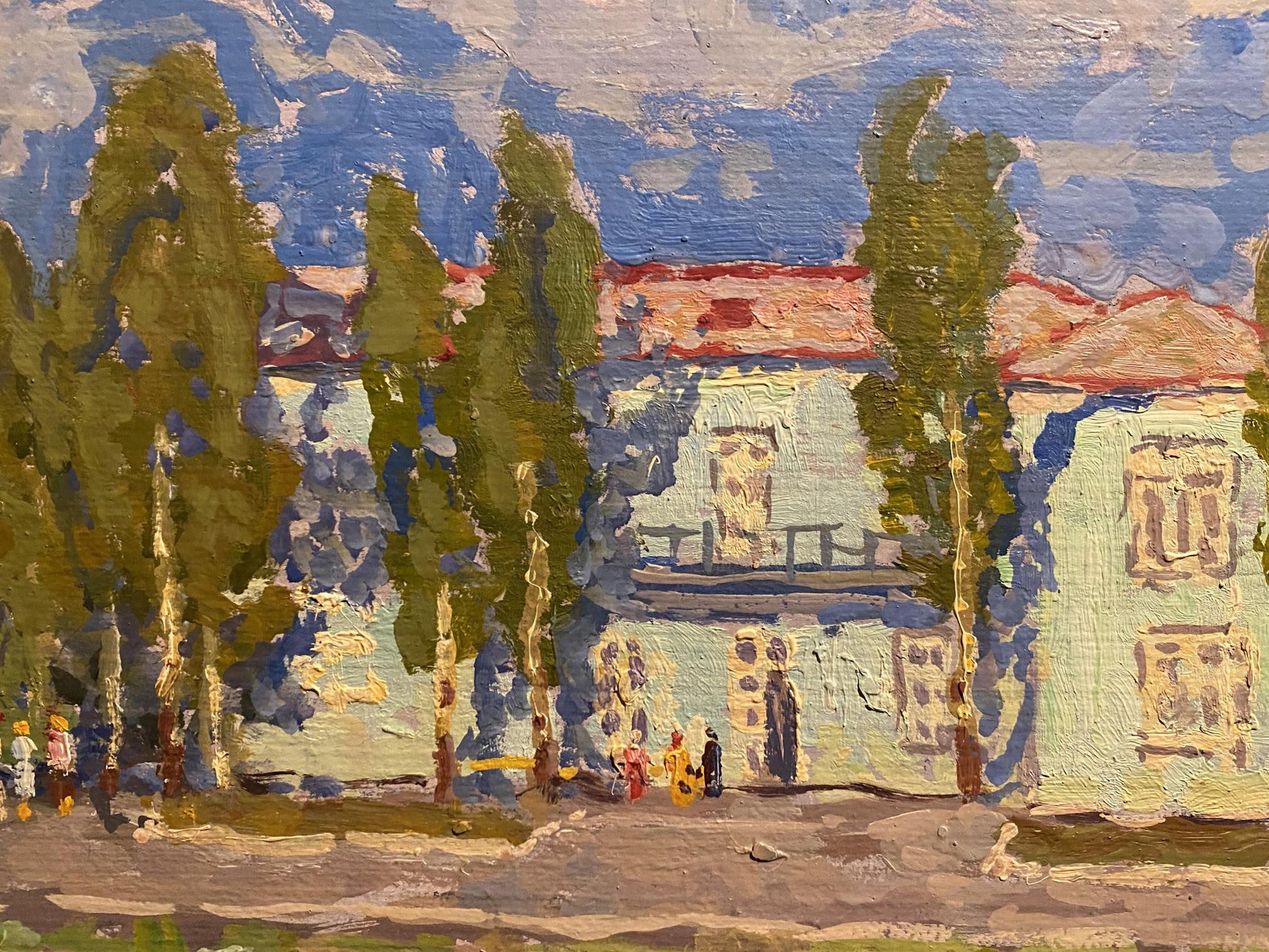 Textured impressionist oil painting by Grigoriy Ruban of light blue building