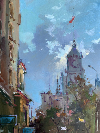Oil painting of historic clock tower in city bustle by Yuriy Suprunchuk