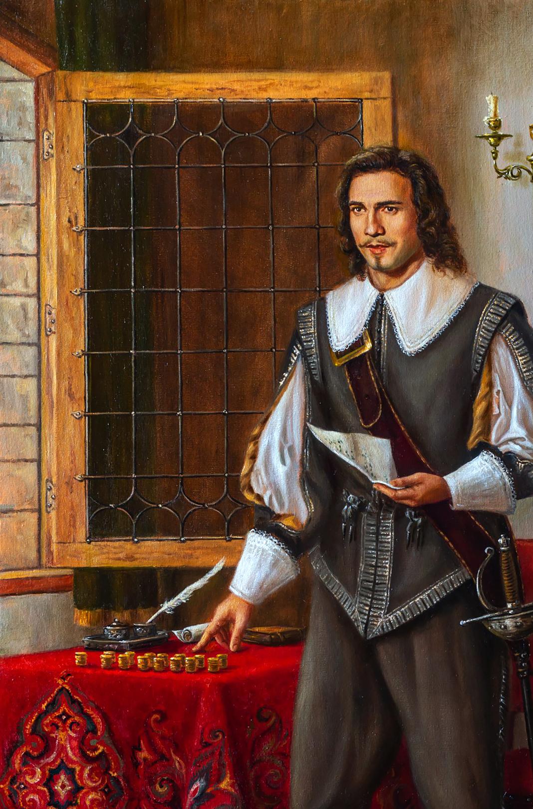 Oil painting of Aramis in gray doublet holding parchment by Valeriy Bulat