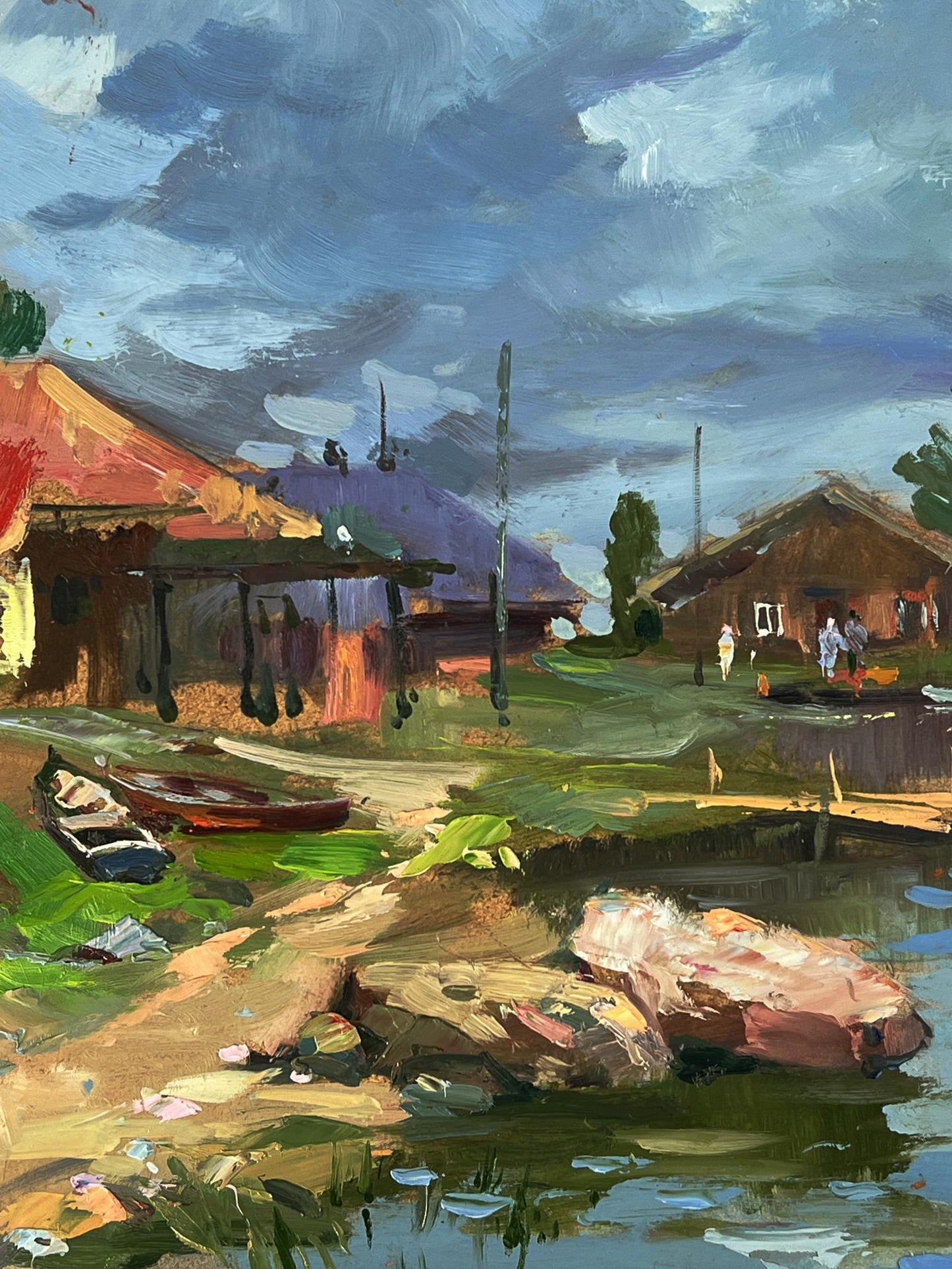 Vibrant impressionist oil painting of Yuriy Suprunchuks rustic village houses by river under blue sky