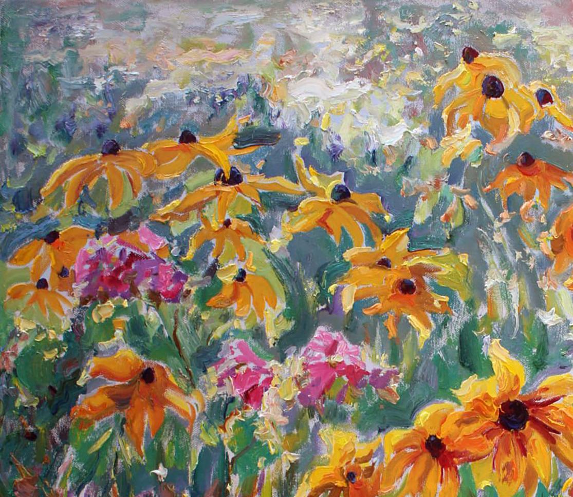Vibrant yellow orange black-eyed susan oil painting by Leonid Pavlenko