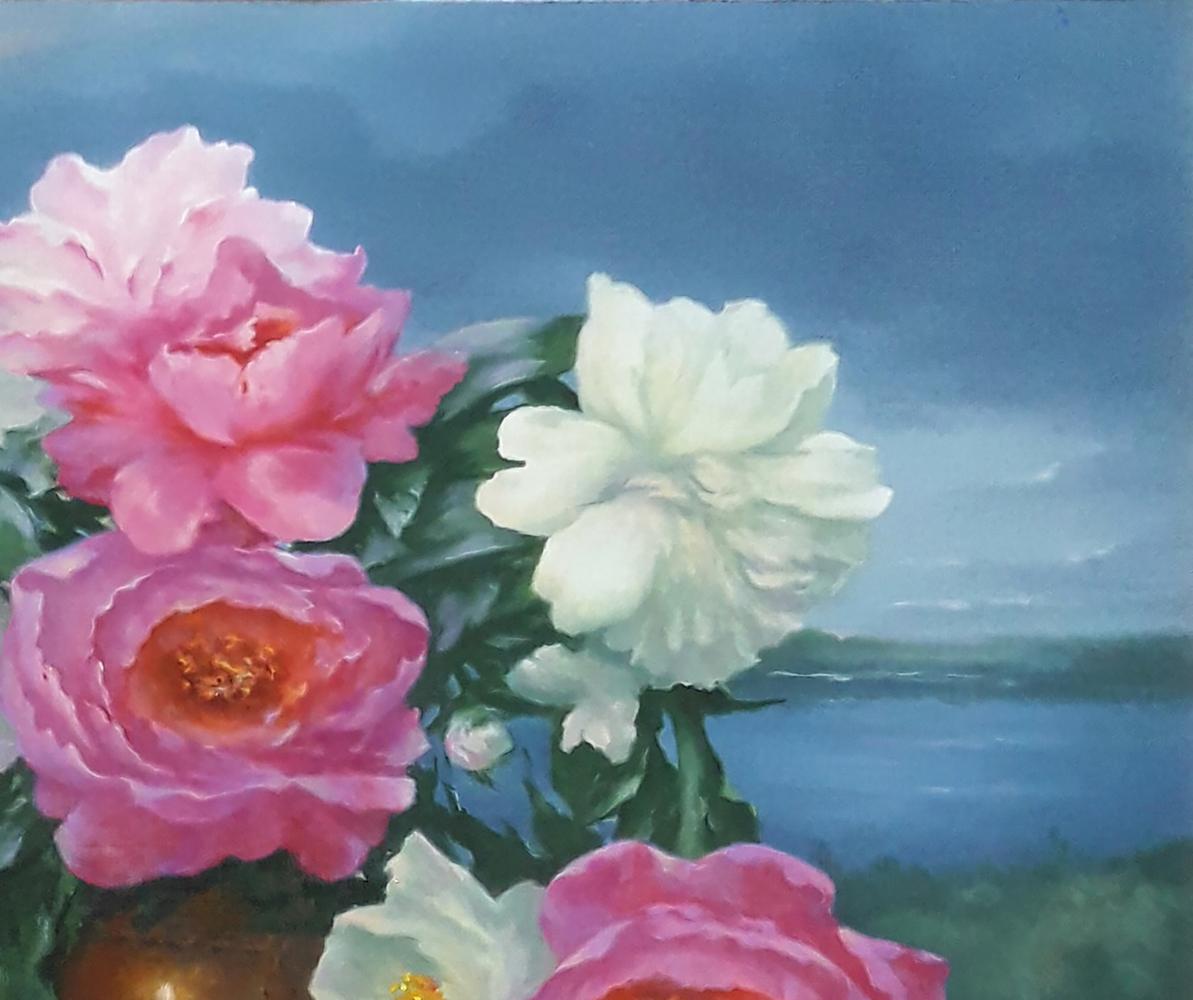 Oil painting Morning Peonies by Vasily Korkishko: pink and white peonies in golden vase