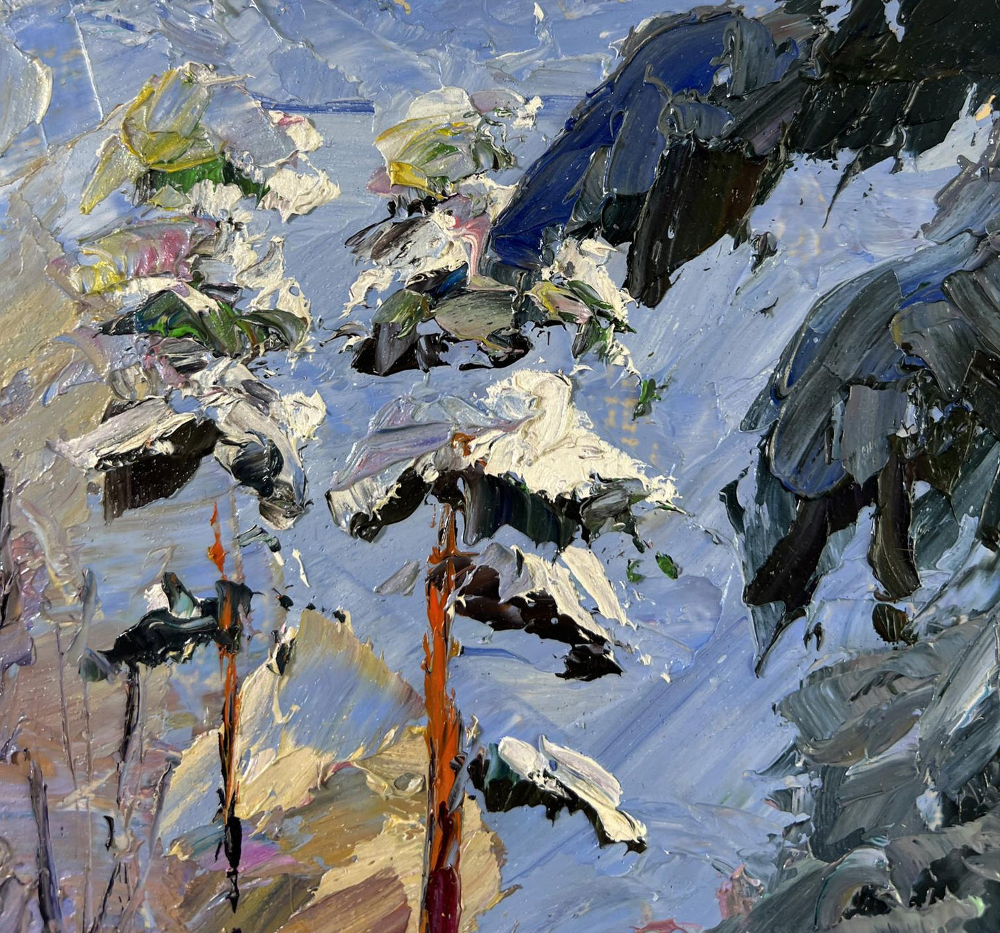 Impasto oil painting Among the Winter Trees by Boris Serdyuk, snowy landscape