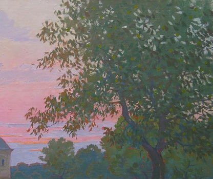 Oil painting by Valery Savenets: lush green tree with yellow fruits at sunset