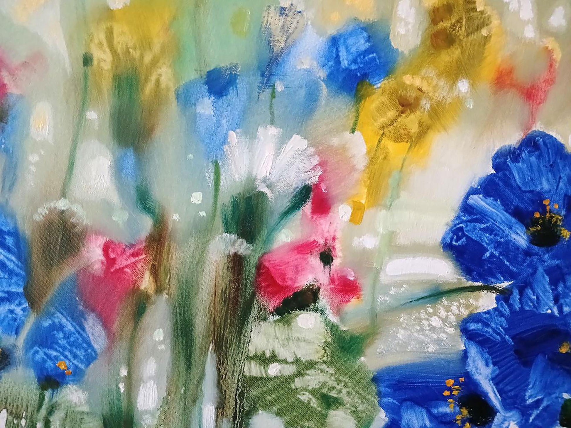 Vibrant blue and pink poppies in Morning Dew abstract oil painting by Anatoly Tarabanov