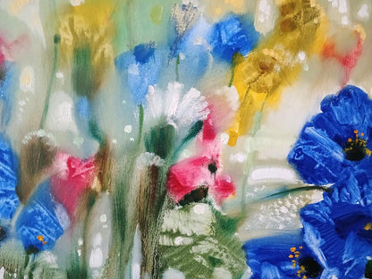 Vibrant blue and pink poppies in Morning Dew abstract oil painting by Anatoly Tarabanov