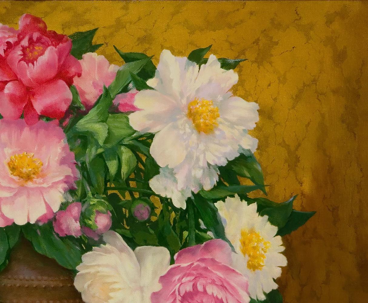 Oil painting of pink white peonies on red tablecloth by Vasily Korkishko