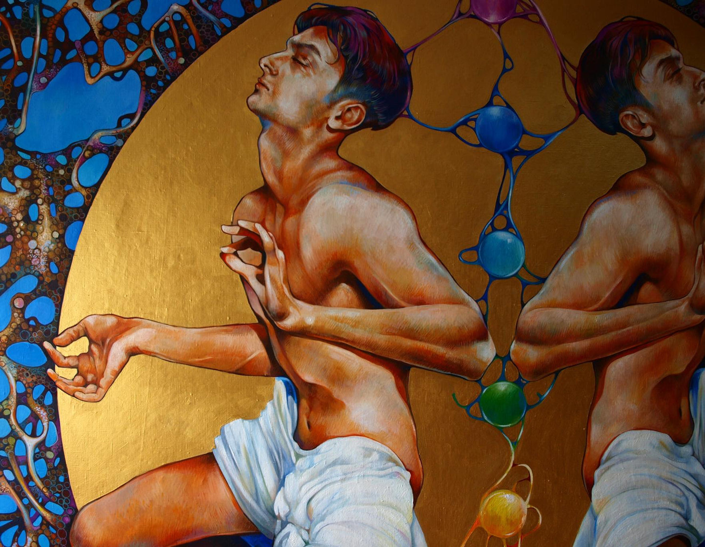 Vibrant surreal oil painting Merger of two moons by Konsta G. Amelinn with nude males