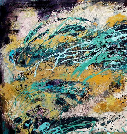Oil painting by Tatyana Shulyak with teal, yellow and black brushstrokes