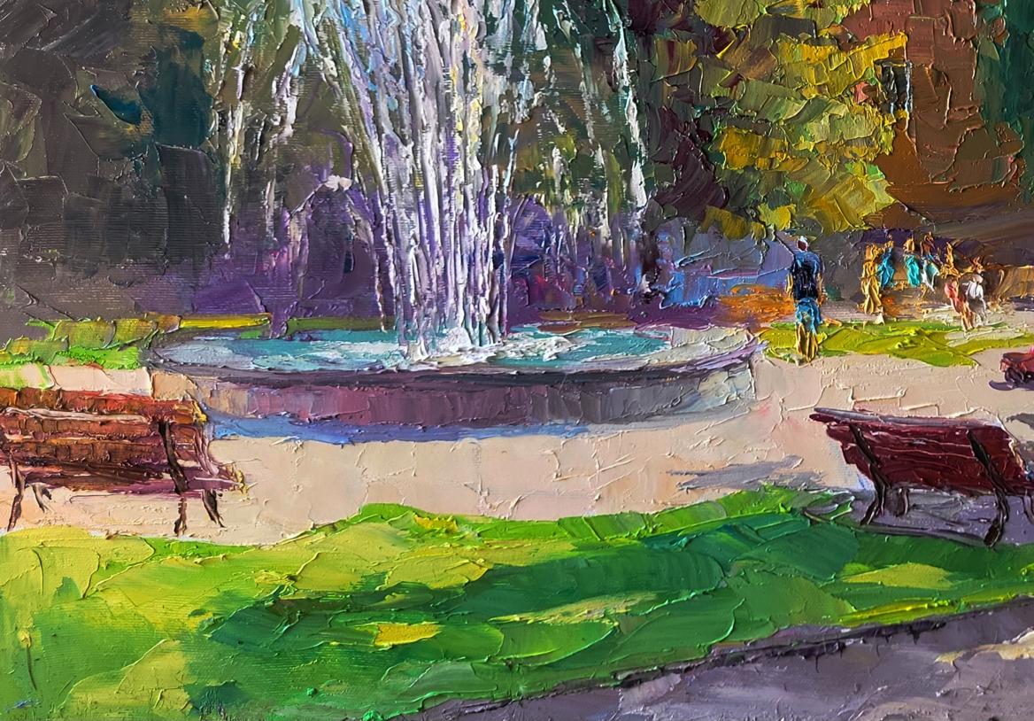 Vibrant impressionist oil painting of city park fountain by Boris Serdyuk