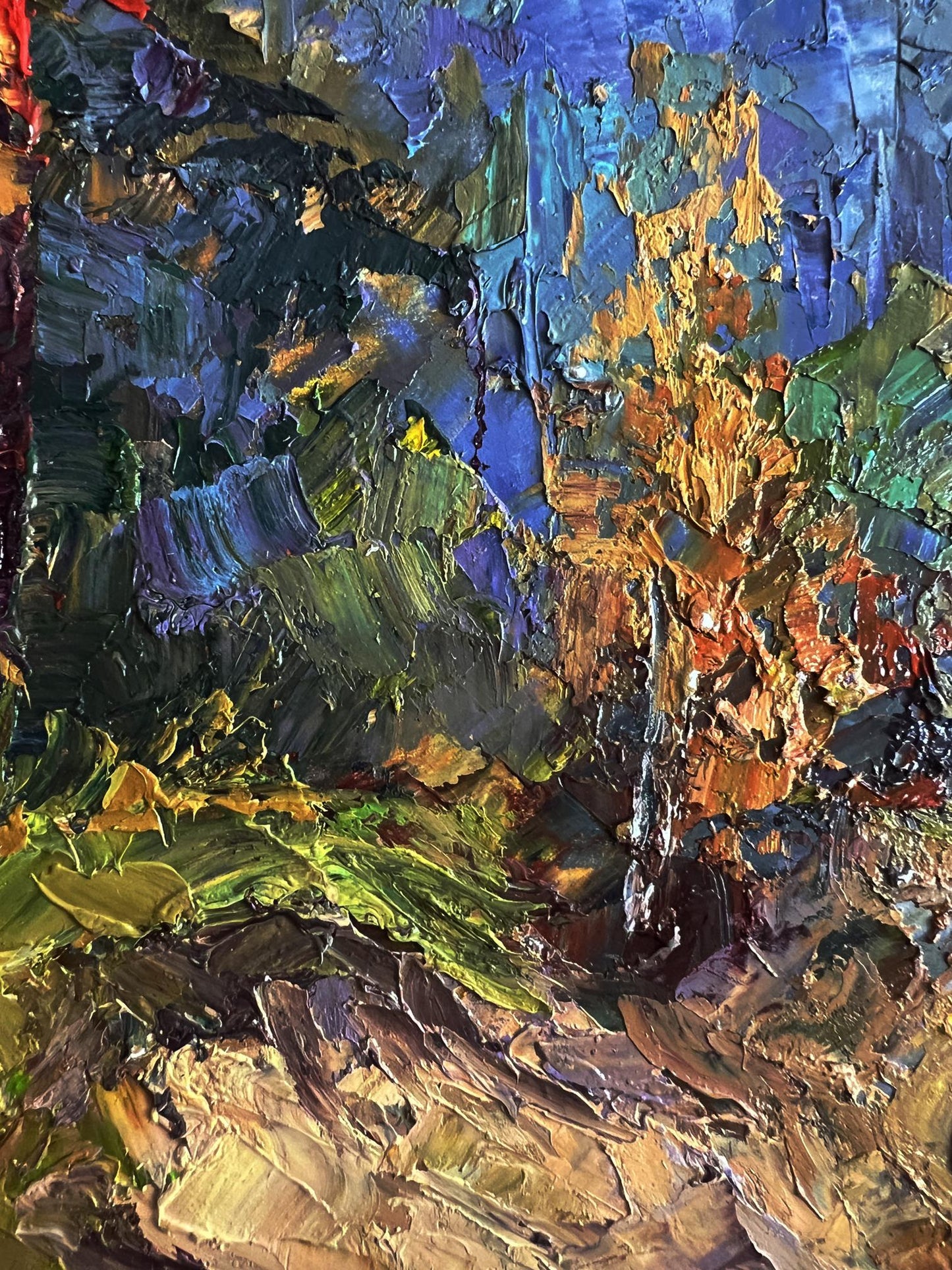 Oil painting Road to the autumn forest by Boris Serdyuk, textured abstract landscape
