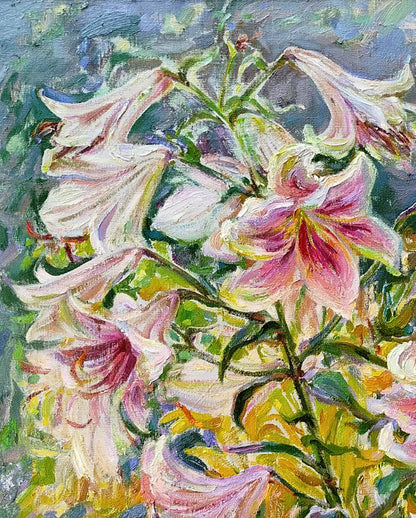 Vibrant impressionist oil painting of blooming lilies by Leonid Pavlenko