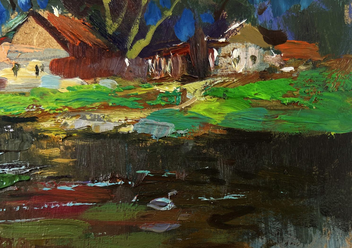 Vibrant impressionist oil painting The river flows past the village by Yuriy Suprunchuk