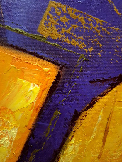 Vibrant oil still life with pears by Sergiy Voichenko in purple, orange, gold