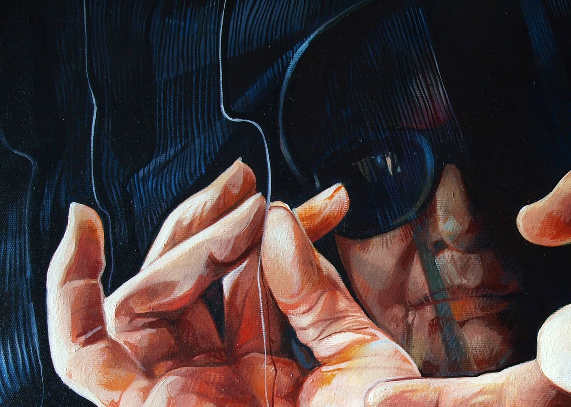 Close-up of hand holding thin white earphone wire in Hands of Fortune oil painting by Konsta G. Amelinn