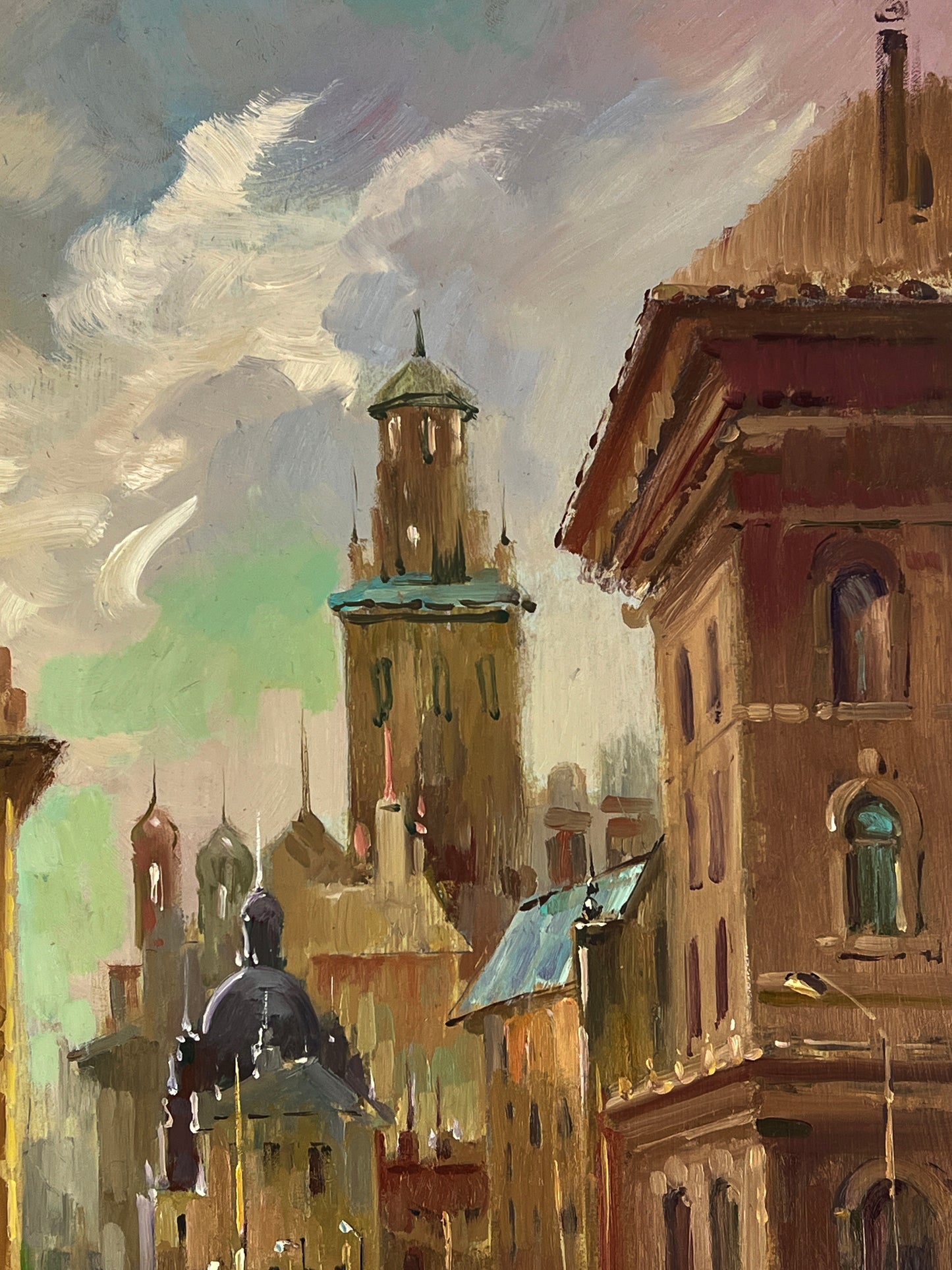 Oil painting of Venetian reflection by Yuriy Suprunchuk with ornate tower