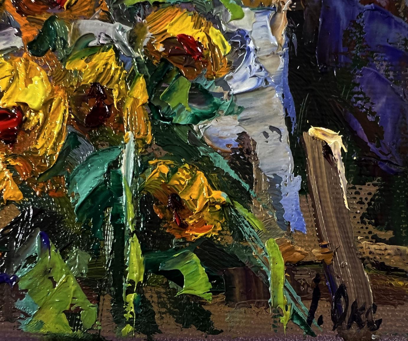 Vibrant yellow sunflowers with bold green leaves in Evening Sunflowers oil painting by Oksana Ivanyuk