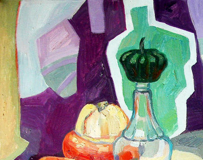 Oil painting by Tatyana Shulyak: green textured pumpkin on glass bottle