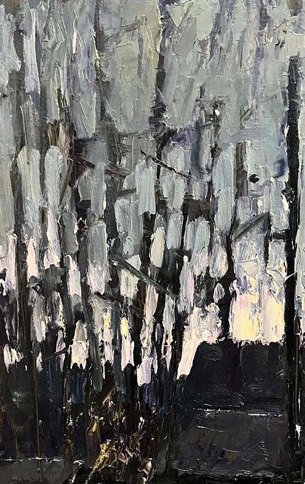 Abstract gray black white oil painting Cold evening with hot tea by Volodymyr Pashchenko