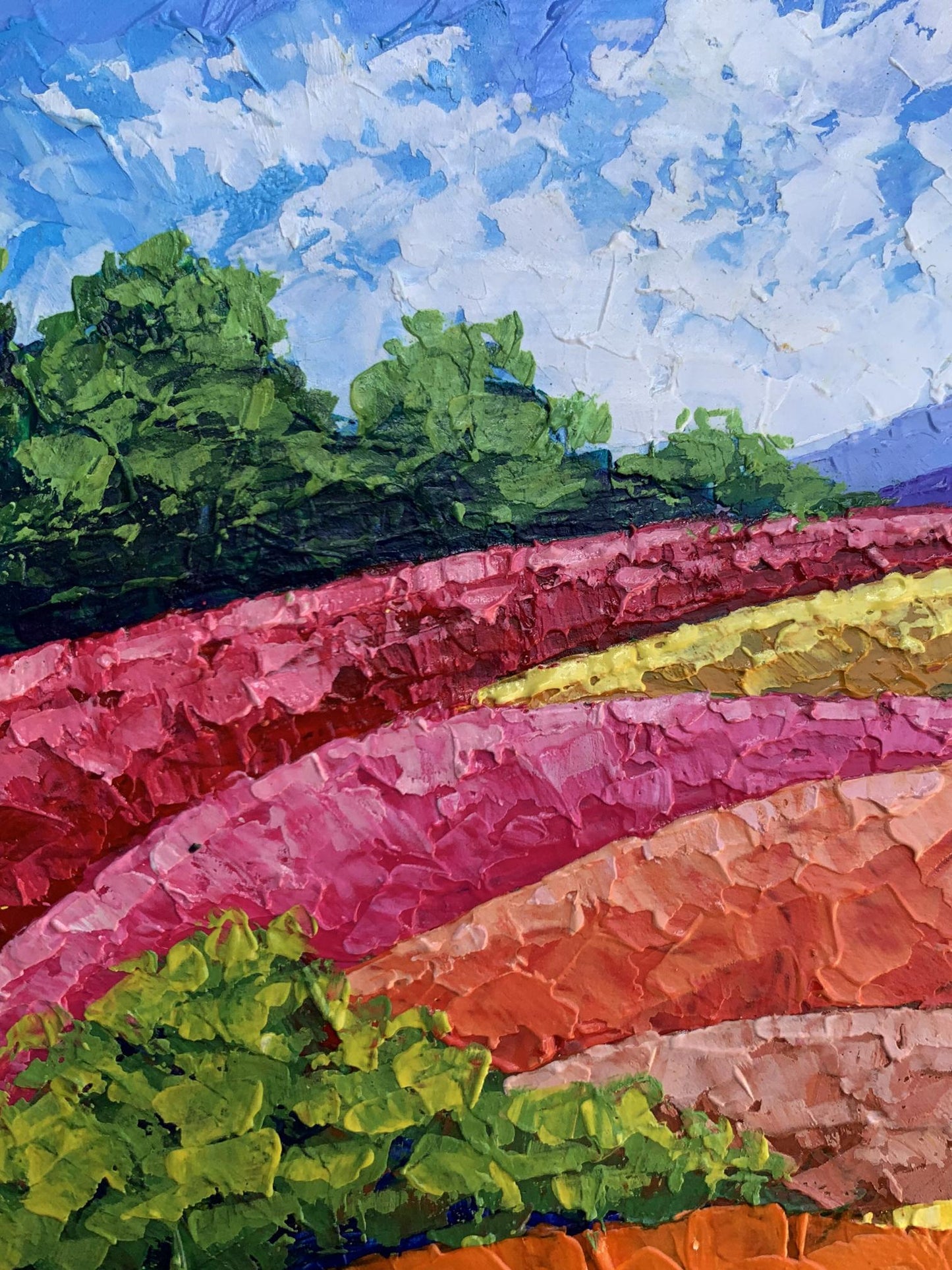 Vibrant impressionist oil painting by V. Zadorozhnya of flower fields under blue sky