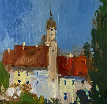 Vibrant impressionist oil painting by Yuriy Suprunchuk of church tower over steppe