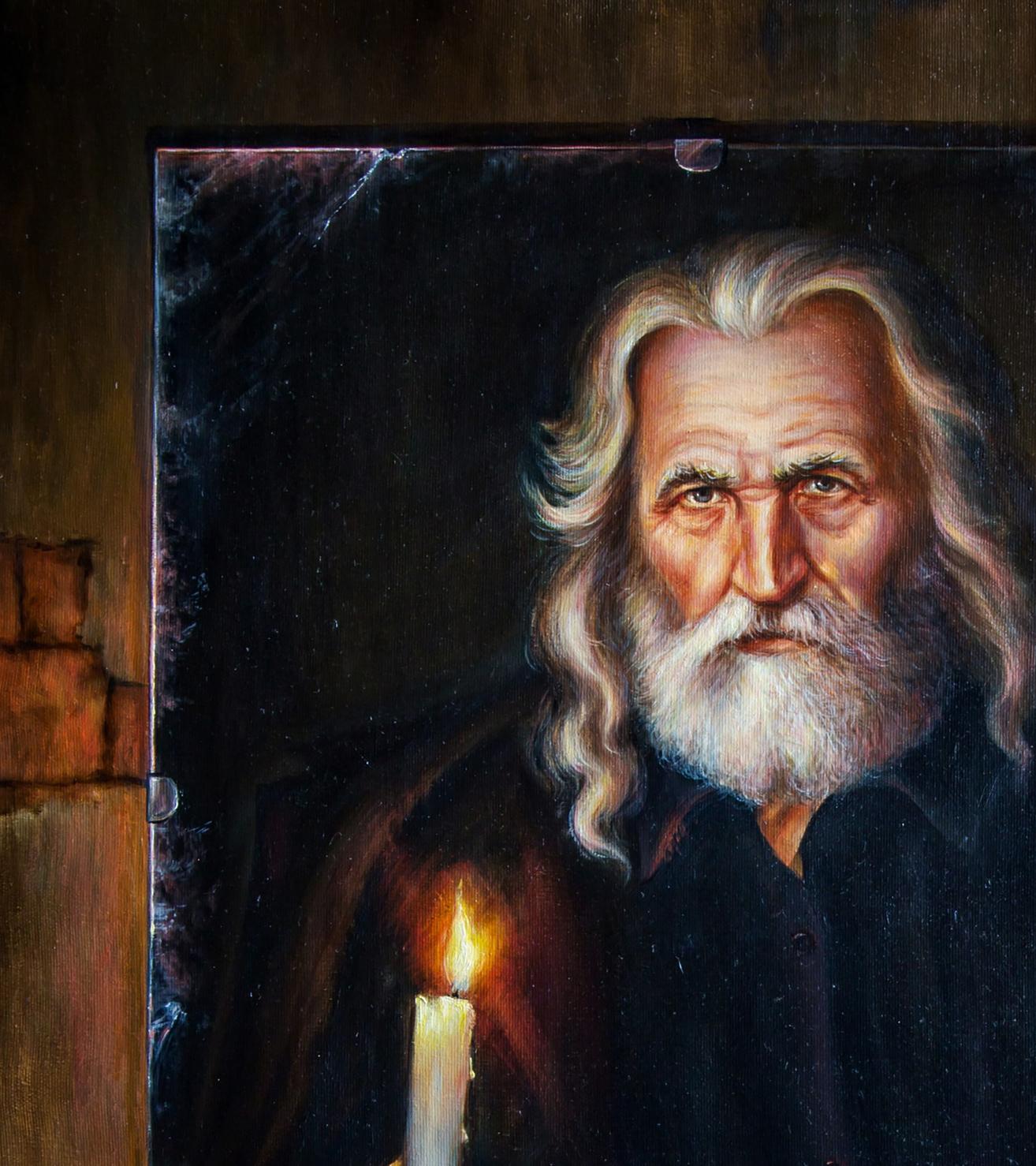 Oil painting Old Mirror Valeriy Bulat: solemn bearded man with candle