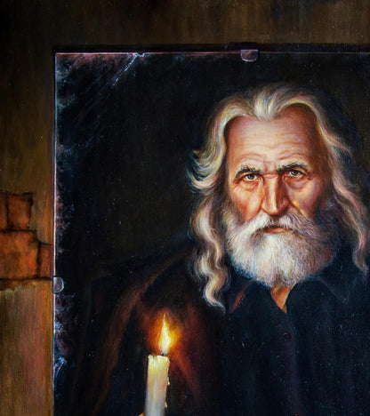 Oil painting Old Mirror Valeriy Bulat: solemn bearded man with candle