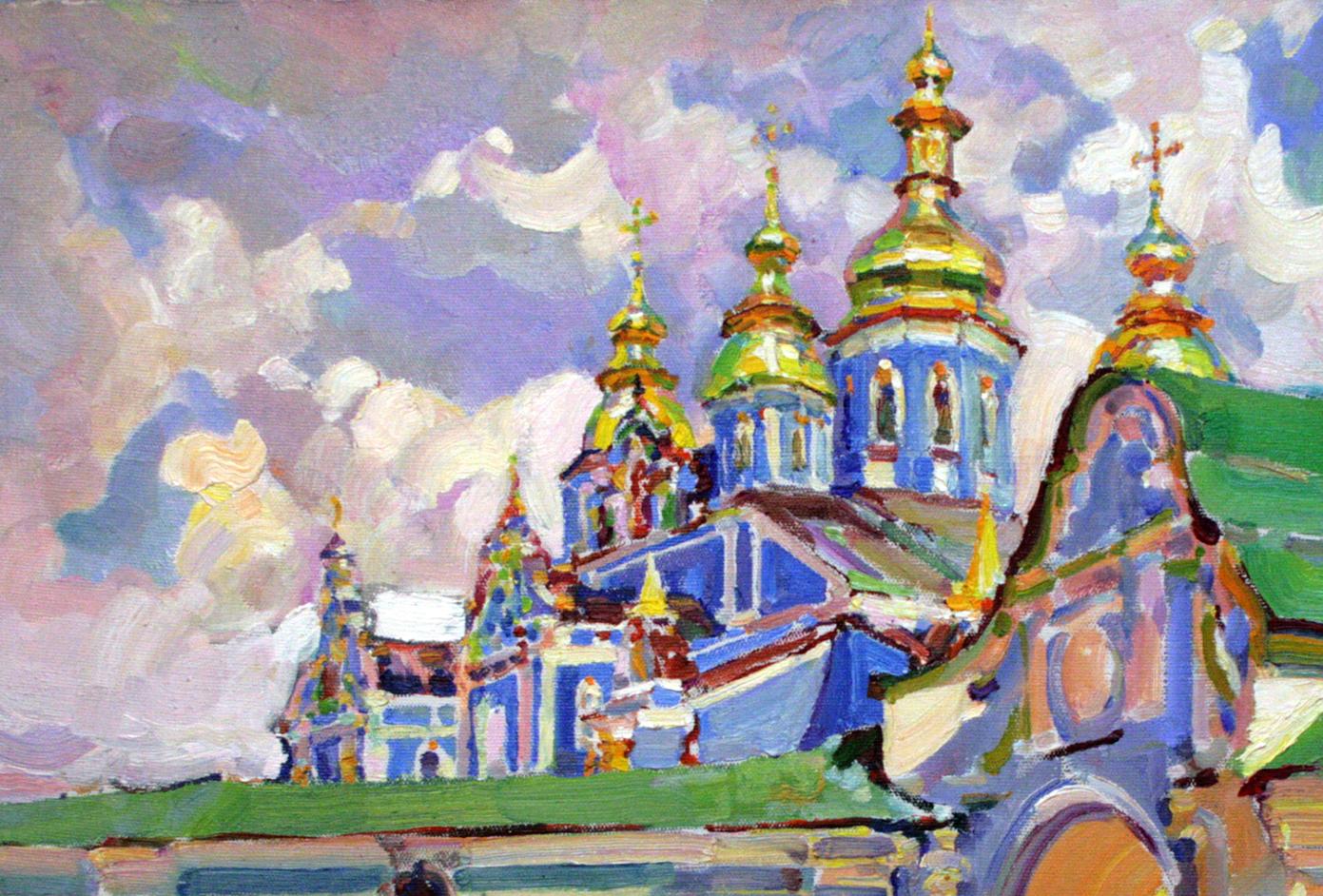 Oil painting Near the gates of the cathedral by Leonid Pavlenko vibrant blue gold church