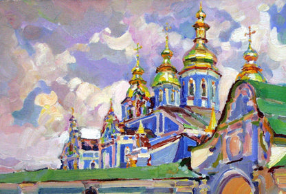 Oil painting Near the gates of the cathedral by Leonid Pavlenko vibrant blue gold church