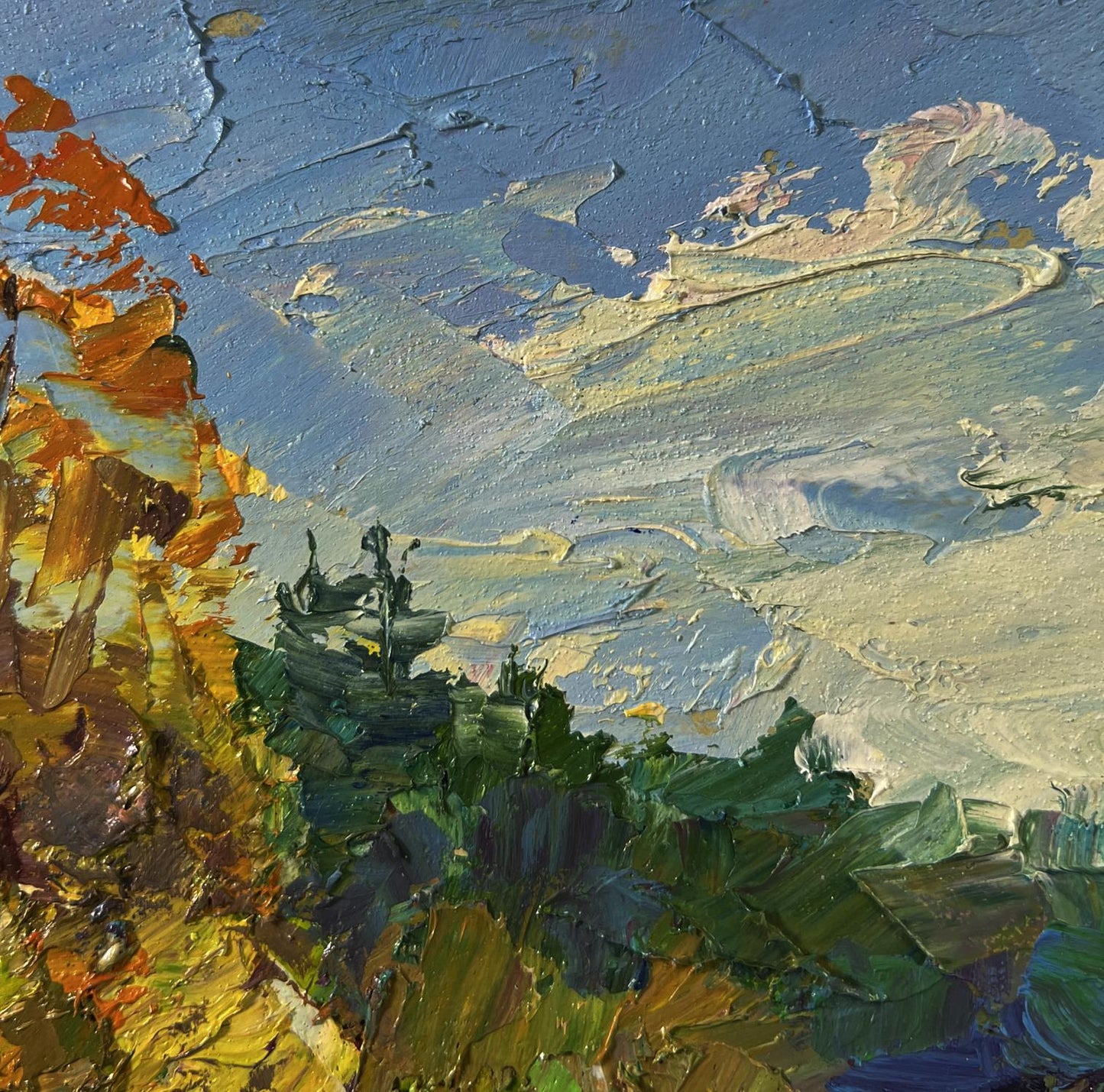 Impasto oil painting of road through autumn forest by Boris Serdyuk