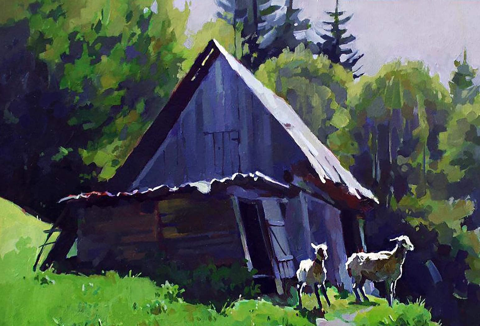 Oil painting by Anastasia Yaroshevich: weathered blue cabin in lush green woods