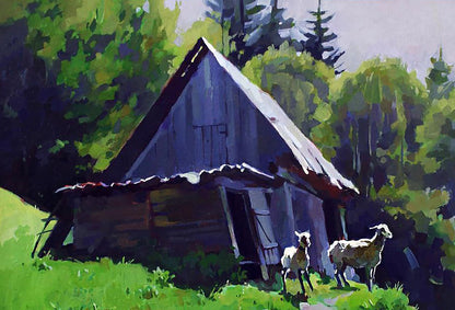 Oil painting by Anastasia Yaroshevich: weathered blue cabin in lush green woods