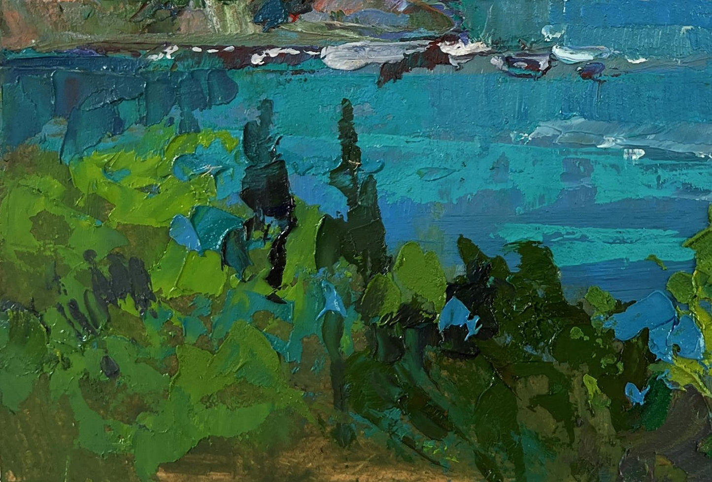 Vibrant impressionist oil painting The fusion of sea and mountains by Yuriy Suprunchuk