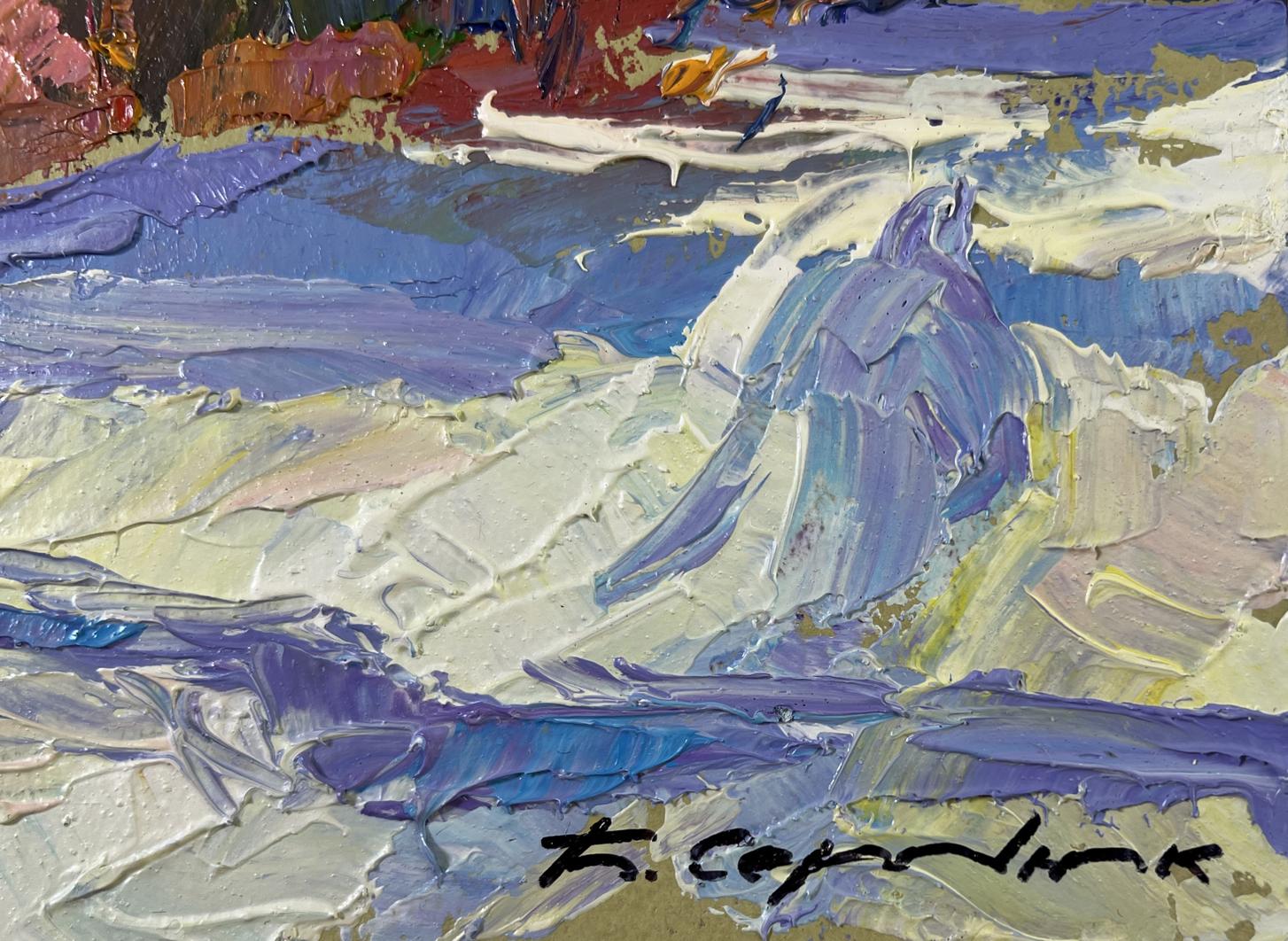 Oil painting Snow under the sun by Boris Serdyuk, impressionist purple blue white strokes
