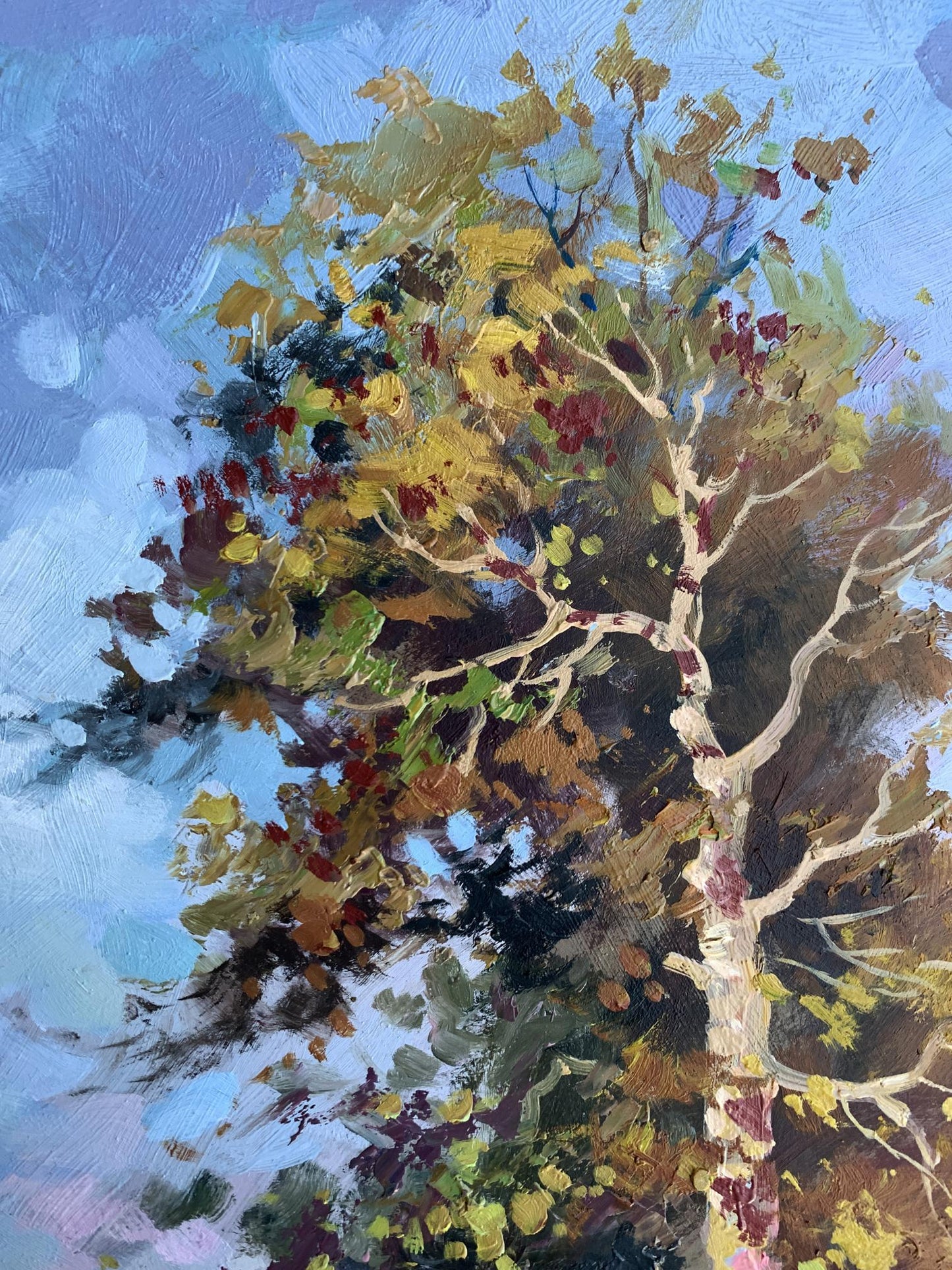 Oil painting Returning home by Yuriy Suprunchuk: vibrant autumn tree
