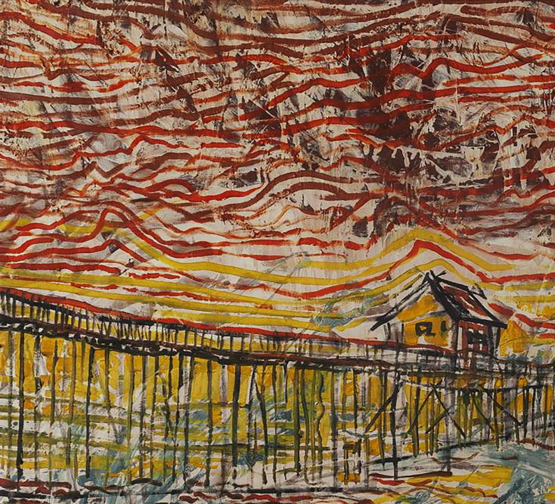 Vibrant Nascer do Sol oil painting by Serhiy Kovalev: red pier sunset