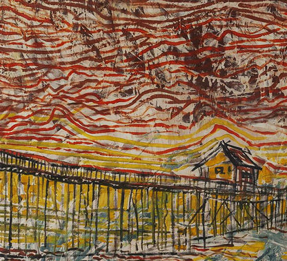 Vibrant Nascer do Sol oil painting by Serhiy Kovalev: red pier sunset
