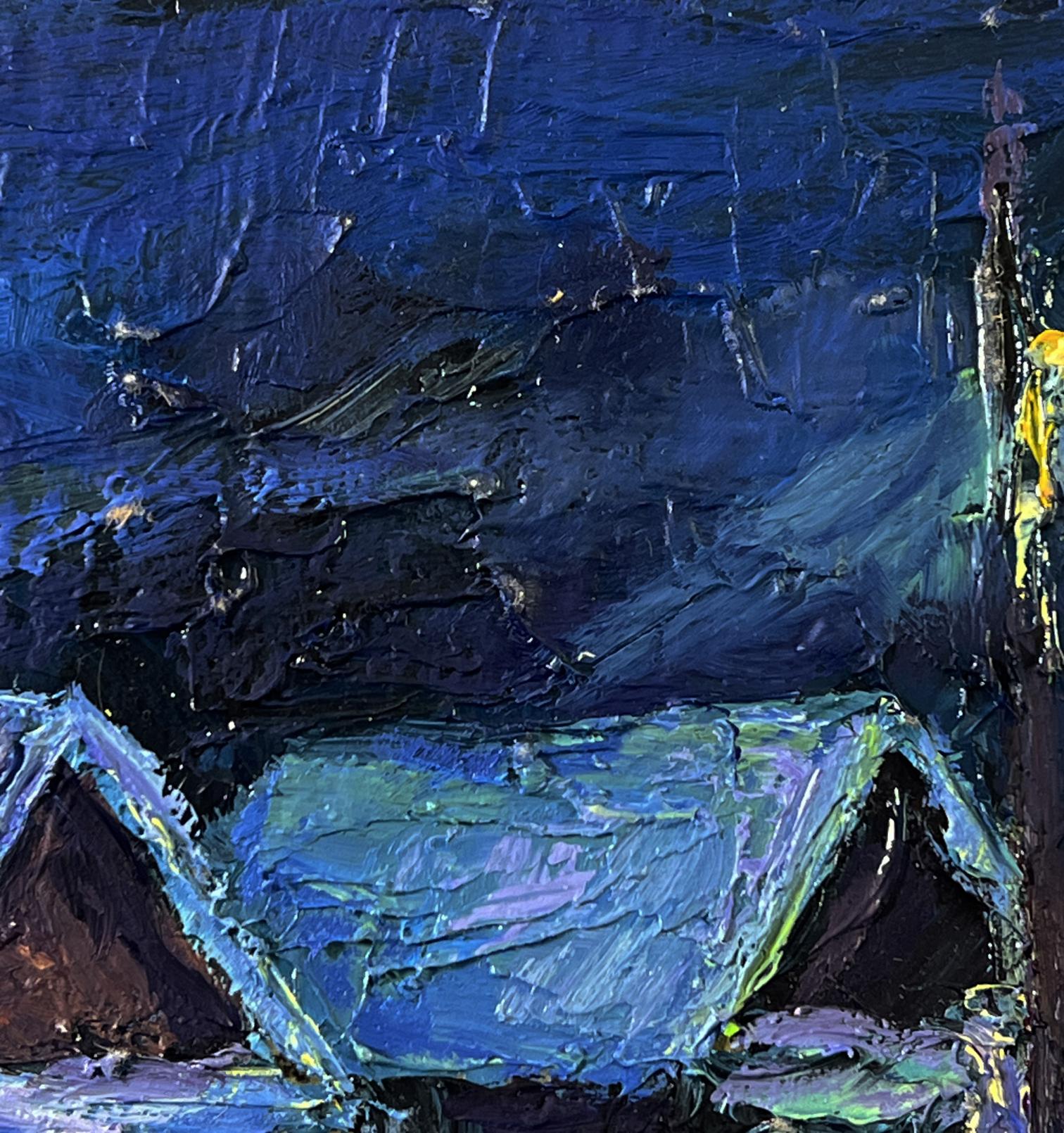 Oil painting Winter night in the village by Boris Serdyuk, blue tent in stormy sky