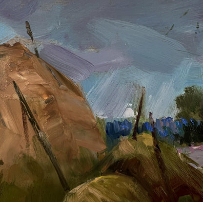 Oil painting of cloud-covered village by Yuriy Suprunchuk with hillside flowers