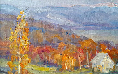 Oil painting In the autumn mountains by Ivan Kovalenko, vibrant textured autumn landscape