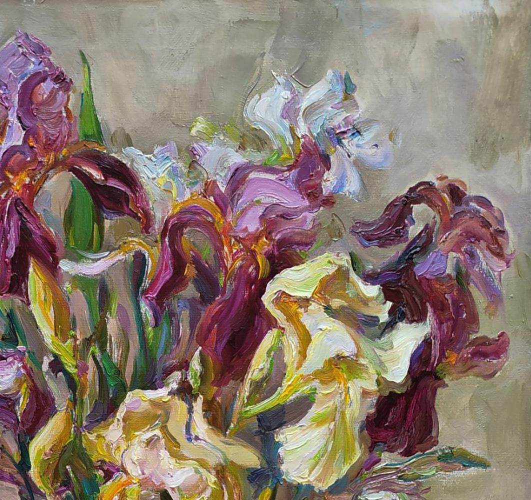Vibrant oil painting of iris bouquet by Leonid Pavlenko in purples and yellows